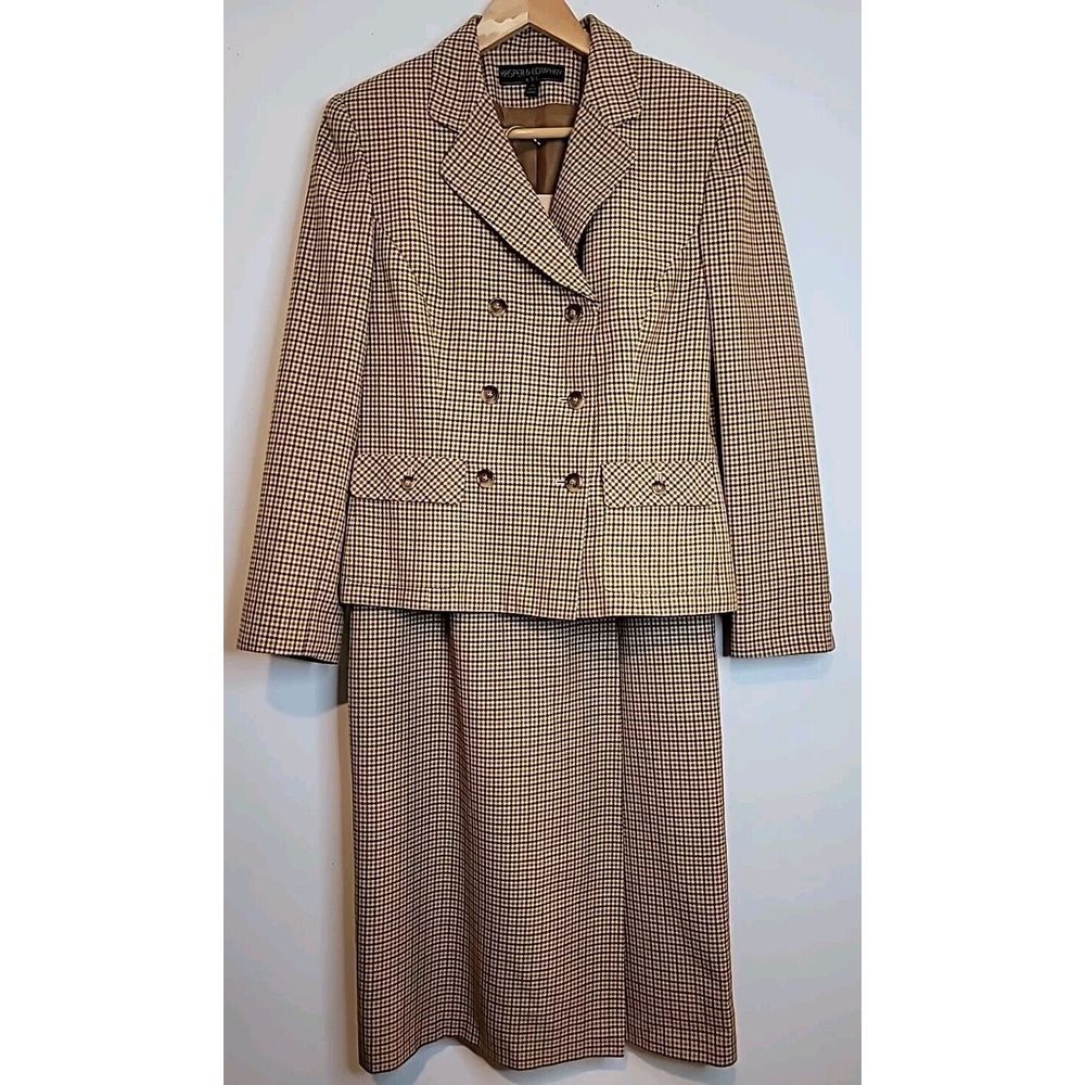 Kasper ASL 2 Pc Long Sleeve Jacket Skirt Set‎ Wool Plaid Double Bresated Sz 10/8